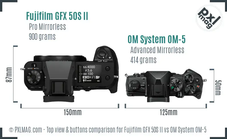 Fujifilm GFX 50S II vs OM System OM-5 top view buttons comparison