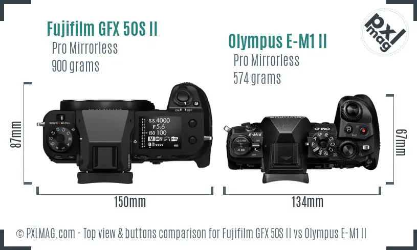 Fujifilm GFX 50S II vs Olympus E-M1 II top view buttons comparison