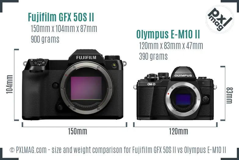 Fujifilm GFX 50S II vs Olympus E-M10 II size comparison