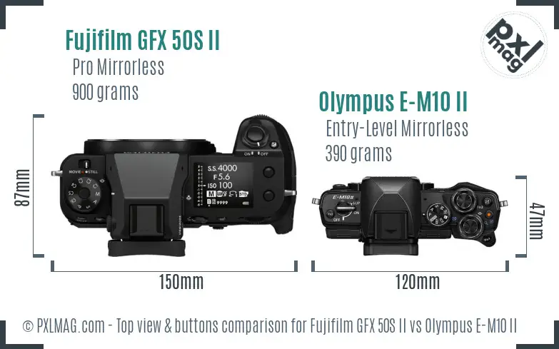 Fujifilm GFX 50S II vs Olympus E-M10 II top view buttons comparison