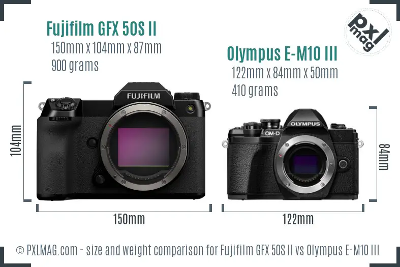 Fujifilm GFX 50S II vs Olympus E-M10 III size comparison
