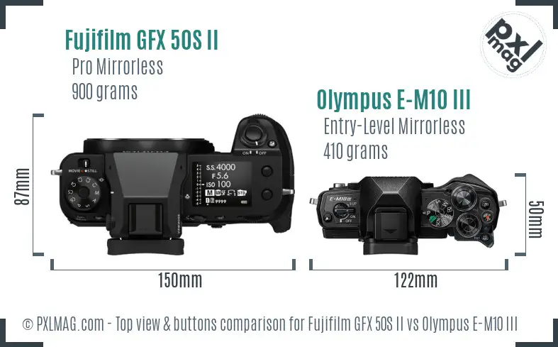 Fujifilm GFX 50S II vs Olympus E-M10 III top view buttons comparison
