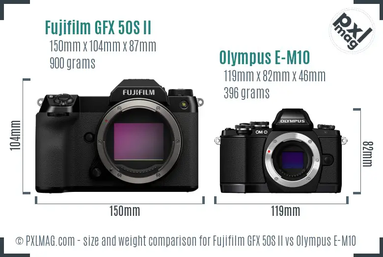 Fujifilm GFX 50S II vs Olympus E-M10 size comparison Fujifilm GFX 50S II vs Olympus E-M10 size comparison