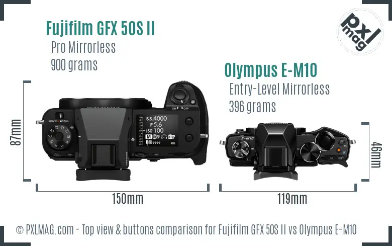 Fujifilm GFX 50S II vs Olympus E-M10 top view buttons comparison Fujifilm GFX 50S II vs Olympus E-M10 top view buttons comparison