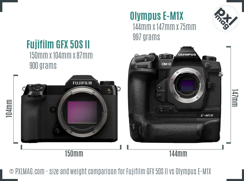 Fujifilm GFX 50S II vs Olympus E-M1X size comparison