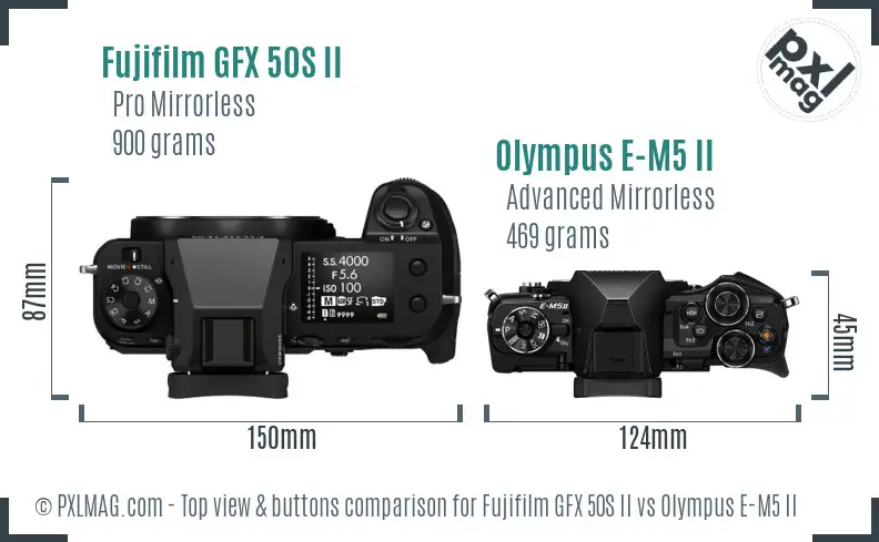 Fujifilm GFX 50S II vs Olympus E-M5 II top view buttons comparison