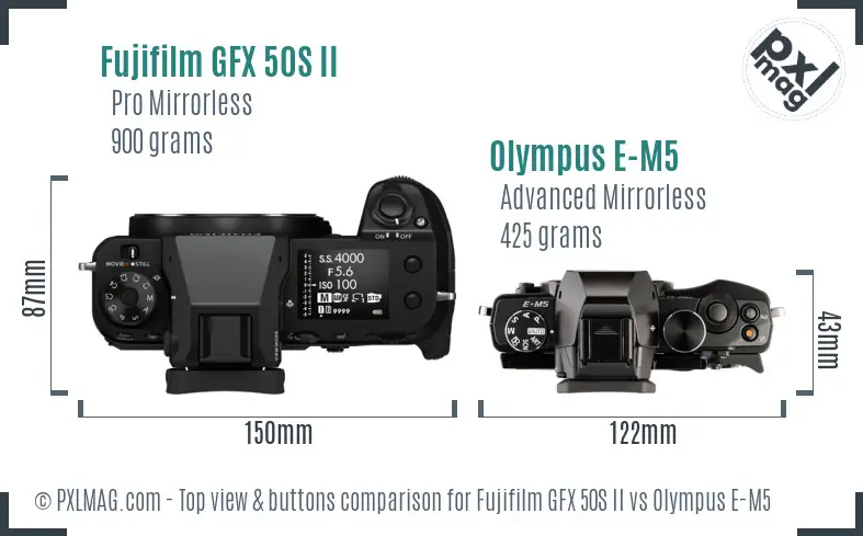 Fujifilm GFX 50S II vs Olympus E-M5 top view buttons comparison