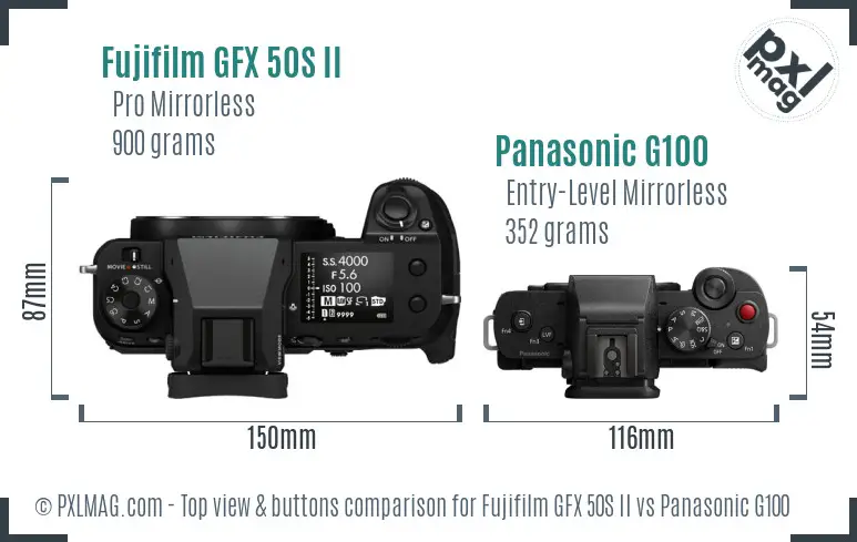 Fujifilm GFX 50S II vs Panasonic G100 top view buttons comparison