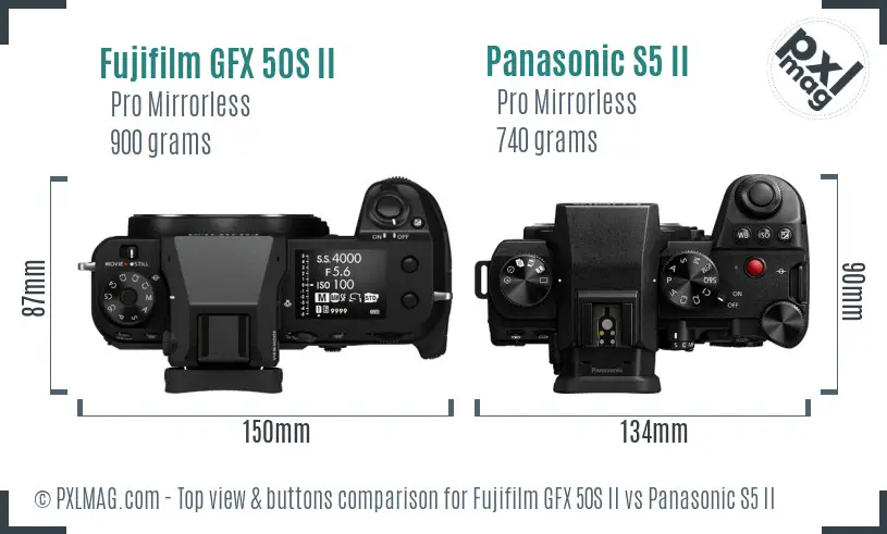 Fujifilm GFX 50S II vs Panasonic S5 II top view buttons comparison