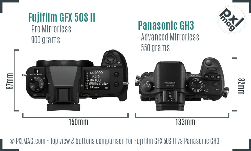 Fujifilm GFX 50S II vs Panasonic GH3 top view buttons comparison Fujifilm GFX 50S II vs Panasonic GH3 top view buttons comparison