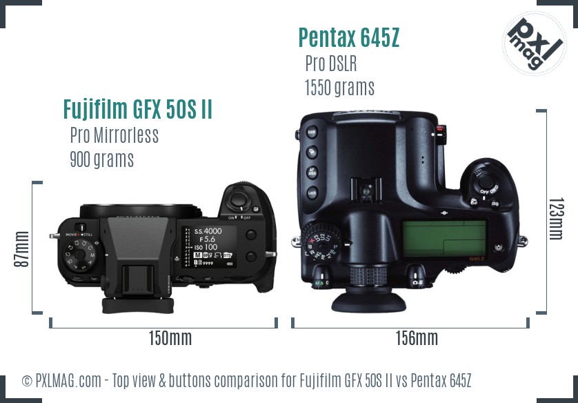 Fujifilm GFX 50S II vs Pentax 645Z top view buttons comparison