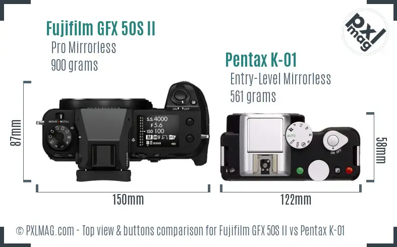 Fujifilm GFX 50S II vs Pentax K-01 top view buttons comparison Fujifilm GFX 50S II vs Pentax K-01 top view buttons comparison