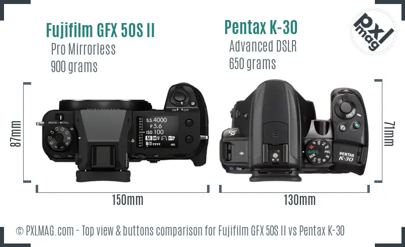 Fujifilm GFX 50S II vs Pentax K-30 top view buttons comparison