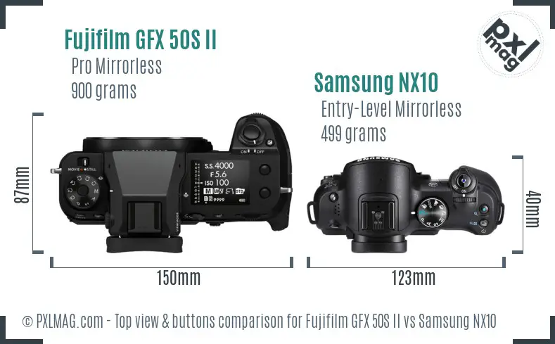 Fujifilm GFX 50S II vs Samsung NX10 top view buttons comparison Fujifilm GFX 50S II vs Samsung NX10 top view buttons comparison