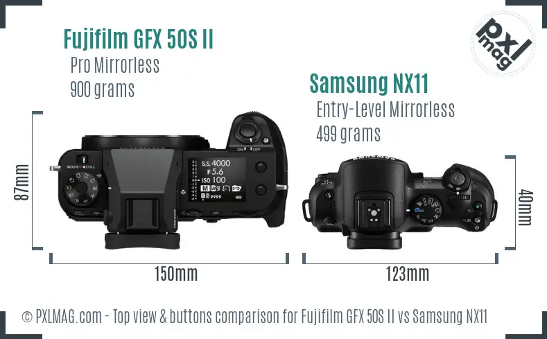 Fujifilm GFX 50S II vs Samsung NX11 top view buttons comparison