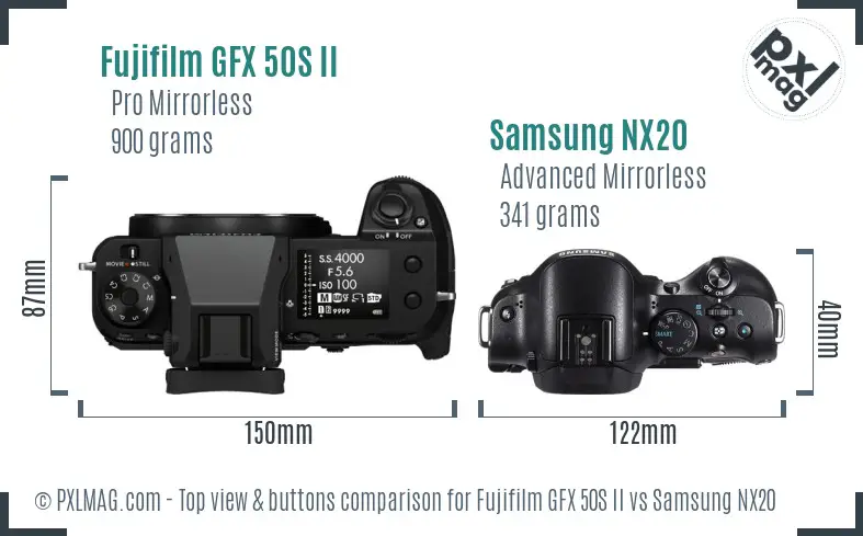 Fujifilm GFX 50S II vs Samsung NX20 top view buttons comparison