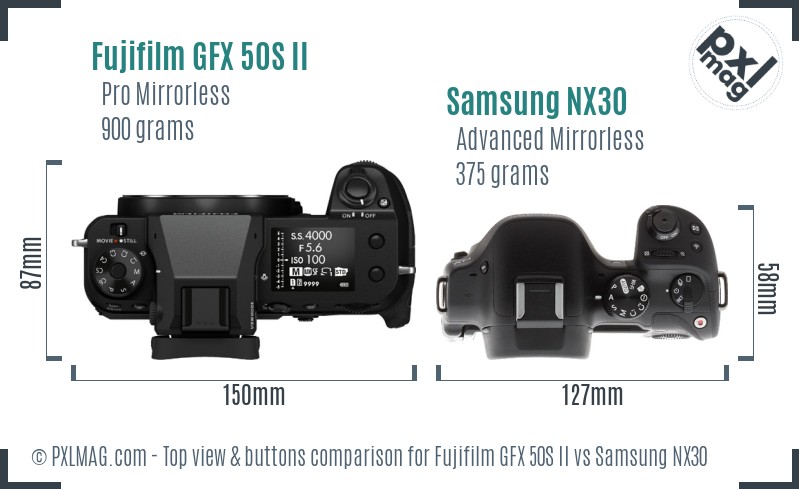Fujifilm GFX 50S II vs Samsung NX30 top view buttons comparison