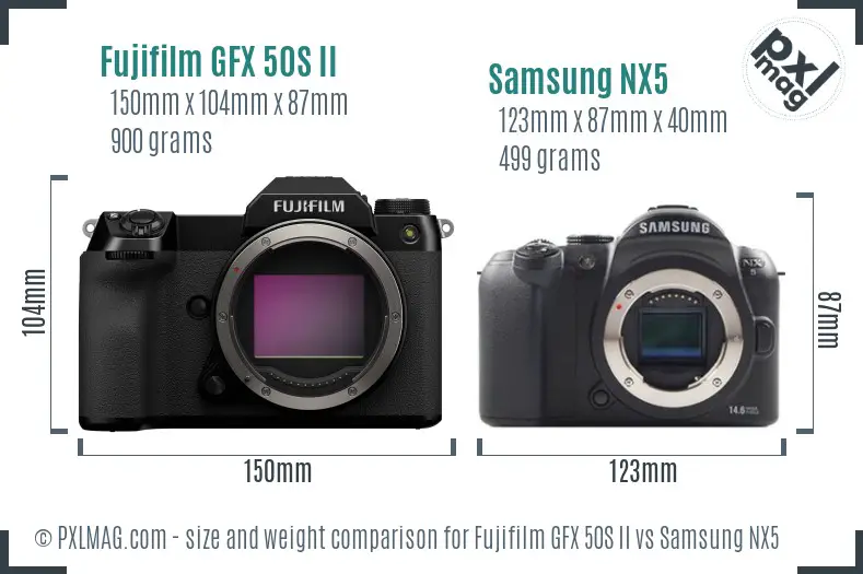 Fujifilm GFX 50S II vs Samsung NX5 size comparison