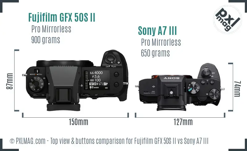 Fujifilm GFX 50S II vs Sony A7 III top view buttons comparison