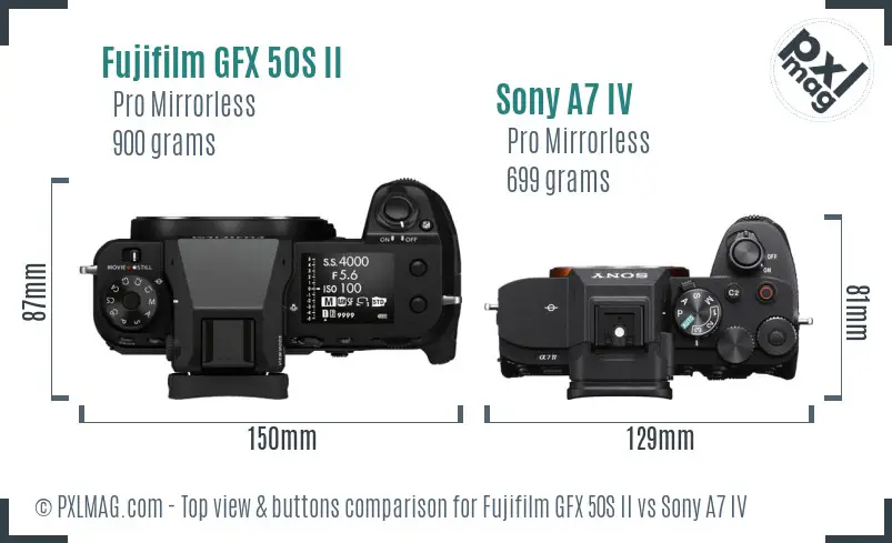 Fujifilm GFX 50S II vs Sony A7 IV top view buttons comparison