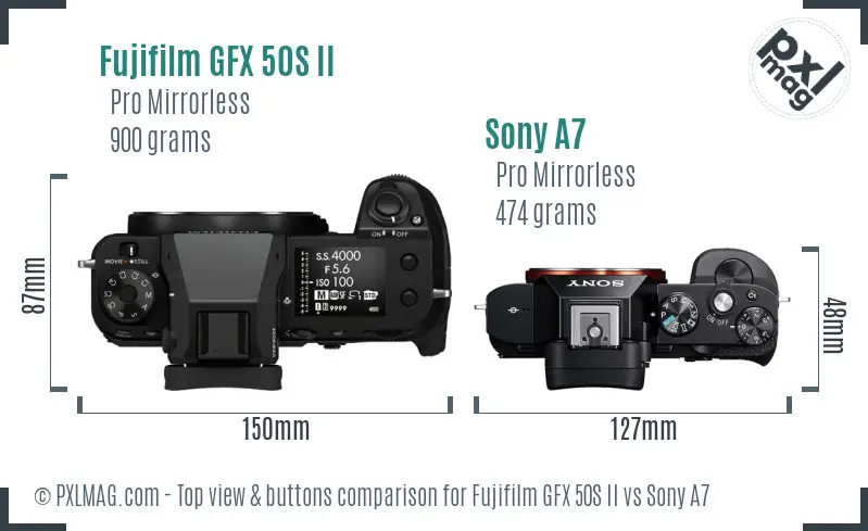 Fujifilm GFX 50S II vs Sony A7 top view buttons comparison