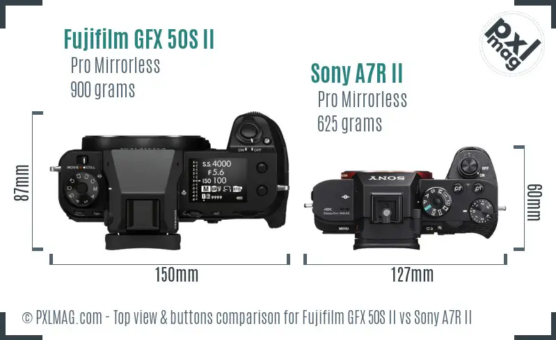 Fujifilm GFX 50S II vs Sony A7R II top view buttons comparison