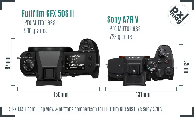 Fujifilm GFX 50S II vs Sony A7R V top view buttons comparison