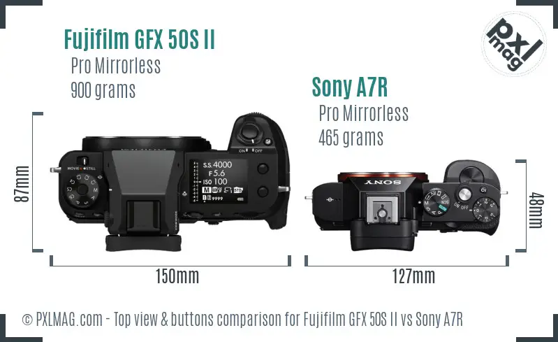 Fujifilm GFX 50S II vs Sony A7R top view buttons comparison