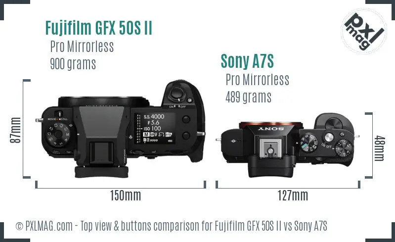 Fujifilm GFX 50S II vs Sony A7S top view buttons comparison
