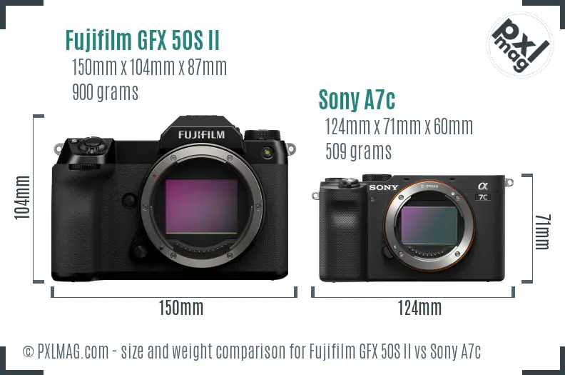Fujifilm GFX 50S II vs Sony A7c size comparison