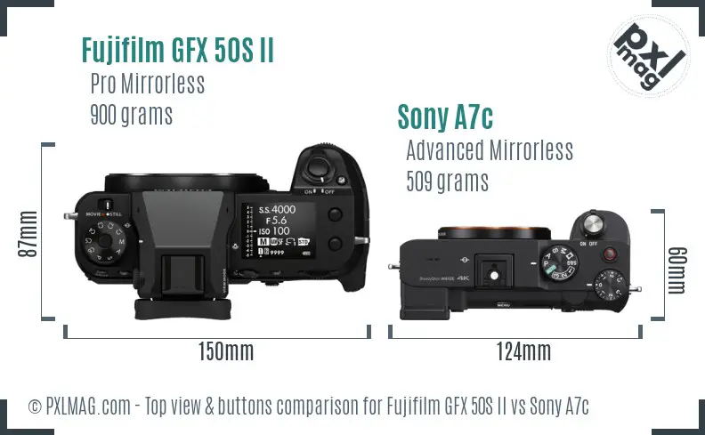 Fujifilm GFX 50S II vs Sony A7c top view buttons comparison