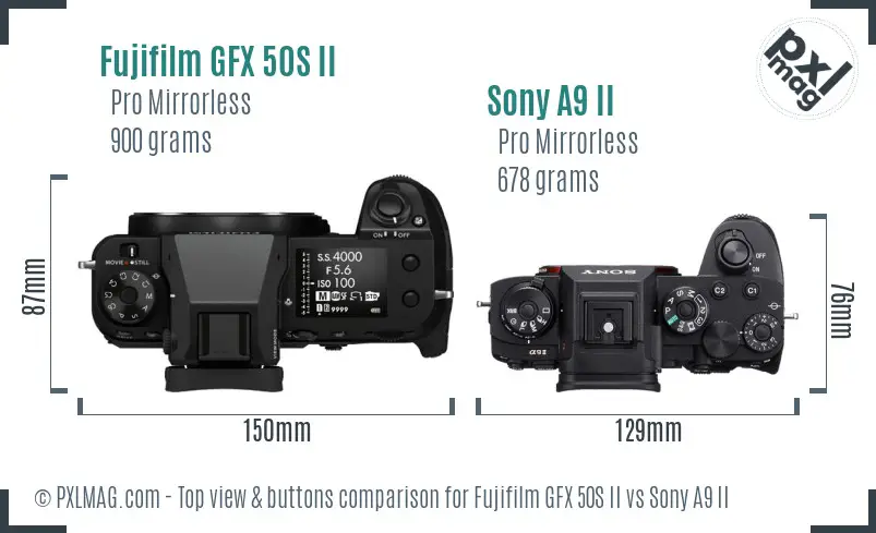 Fujifilm GFX 50S II vs Sony A9 II top view buttons comparison