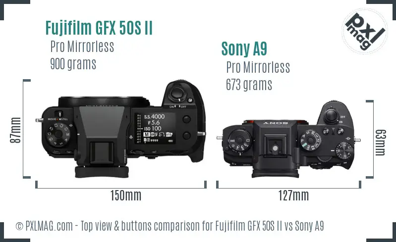 Fujifilm GFX 50S II vs Sony A9 top view buttons comparison