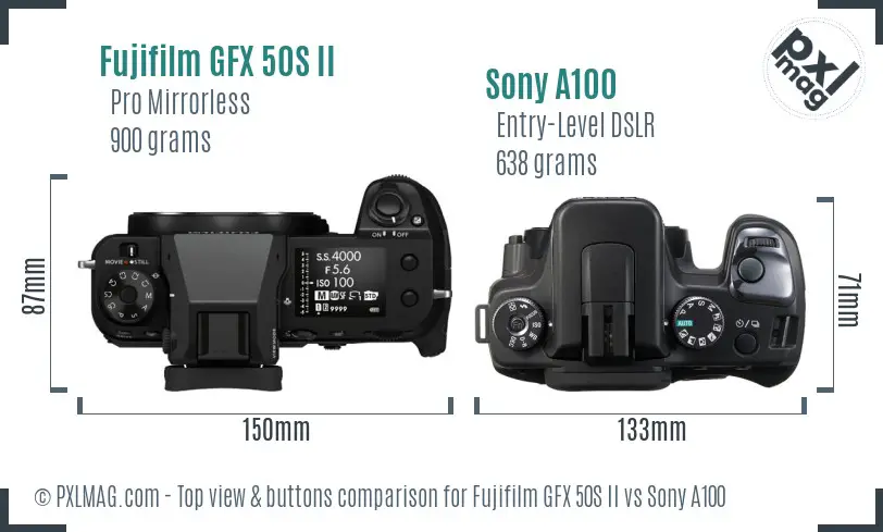 Fujifilm GFX 50S II vs Sony A100 top view buttons comparison