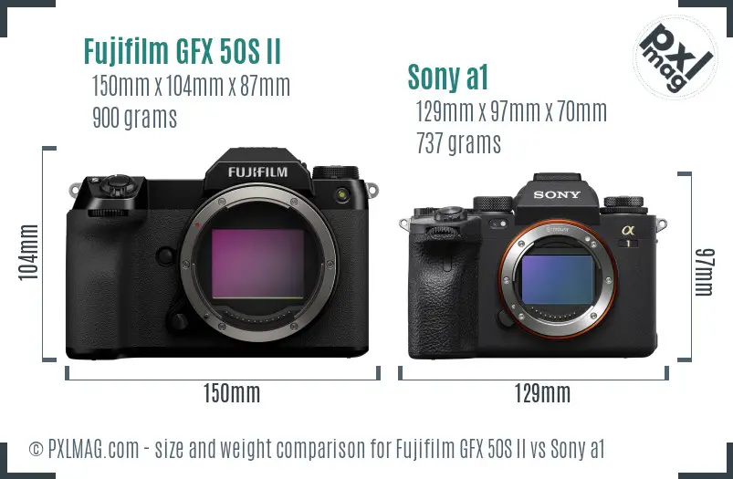 Fujifilm GFX 50S II vs Sony a1 size comparison