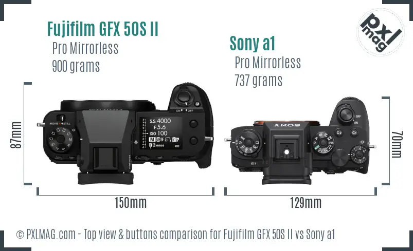 Fujifilm GFX 50S II vs Sony a1 top view buttons comparison