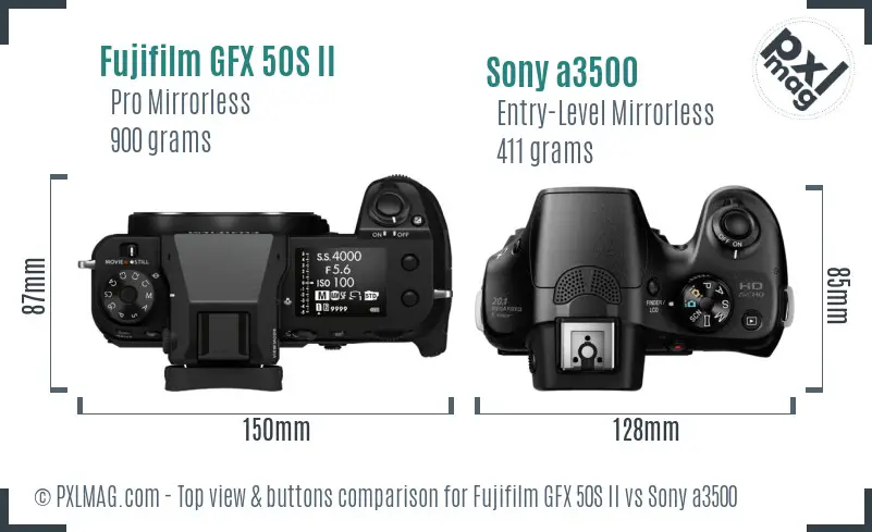 Fujifilm GFX 50S II vs Sony a3500 top view buttons comparison