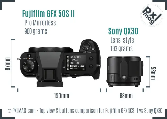 Fujifilm GFX 50S II vs Sony QX30 top view buttons comparison