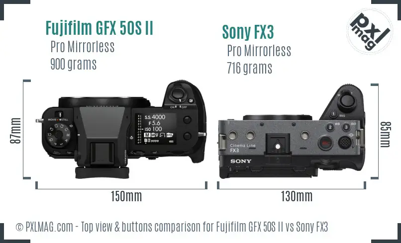 Fujifilm GFX 50S II vs Sony FX3 top view buttons comparison