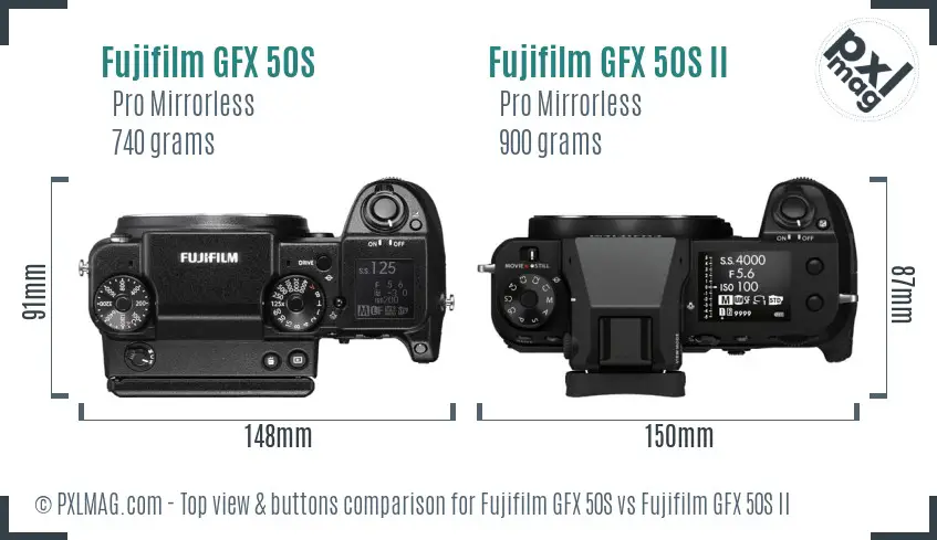 Fujifilm GFX 50S vs Fujifilm GFX 50S II top view buttons comparison