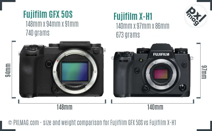 Fujifilm GFX 50S vs Fujifilm X-H1 size comparison