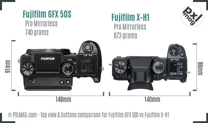 Fujifilm GFX 50S vs Fujifilm X-H1 top view buttons comparison