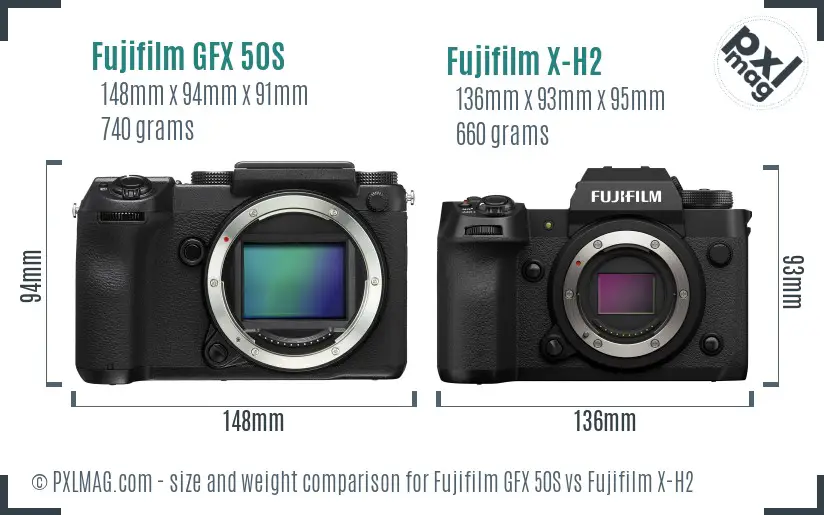 Fujifilm GFX 50S vs Fujifilm X-H2 size comparison