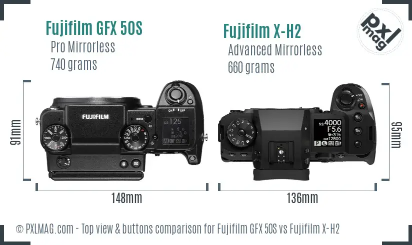 Fujifilm GFX 50S vs Fujifilm X-H2 top view buttons comparison