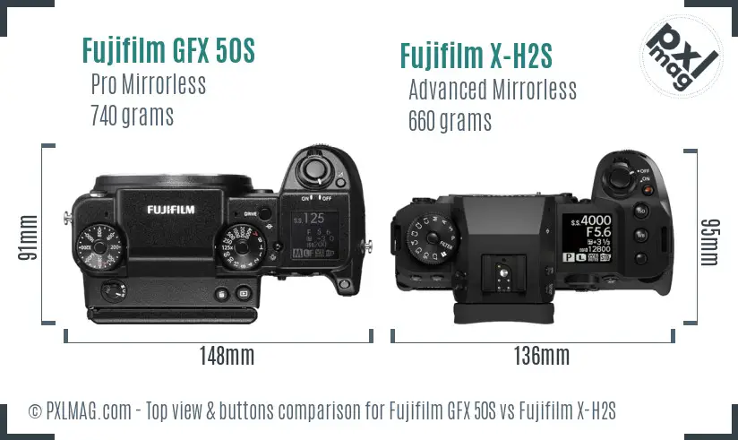 Fujifilm GFX 50S vs Fujifilm X-H2S top view buttons comparison Fujifilm GFX 50S vs Fujifilm X-H2S top view buttons comparison