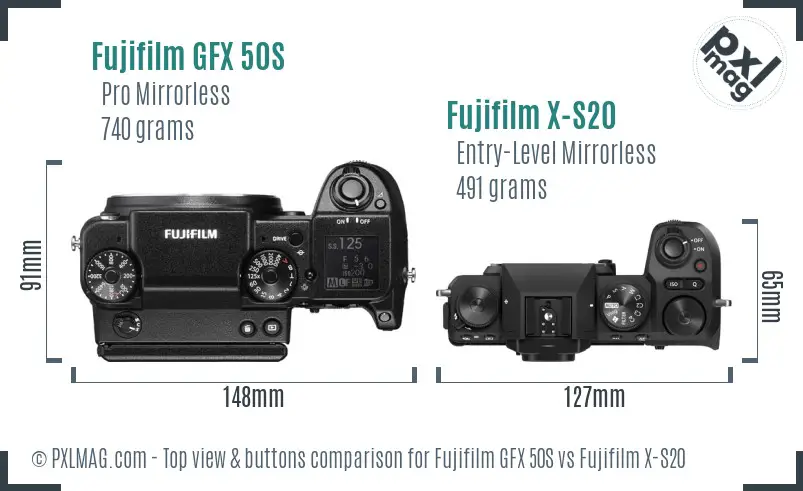 Fujifilm GFX 50S vs Fujifilm X-S20 top view buttons comparison Fujifilm GFX 50S vs Fujifilm X-S20 top view buttons comparison