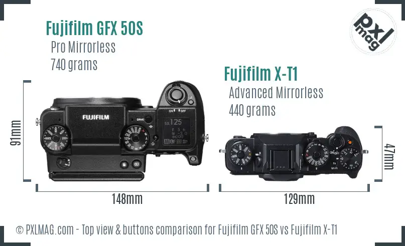 Fujifilm GFX 50S vs Fujifilm X-T1 top view buttons comparison