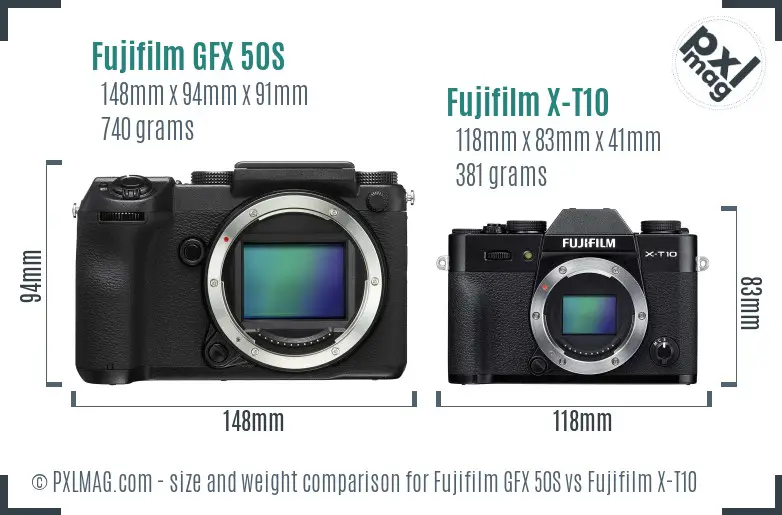 Fujifilm GFX 50S vs Fujifilm X-T10 size comparison