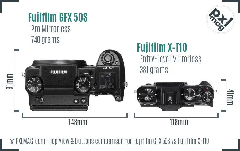 Fujifilm GFX 50S vs Fujifilm X-T10 top view buttons comparison