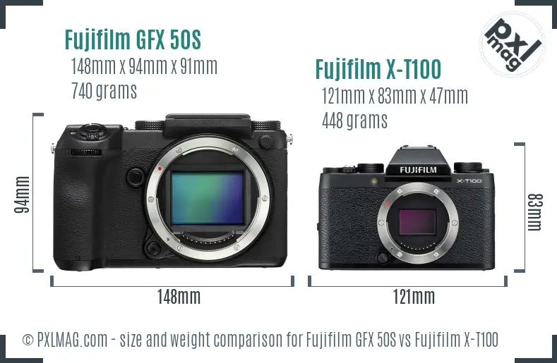 Fujifilm GFX 50S vs Fujifilm X-T100 size comparison